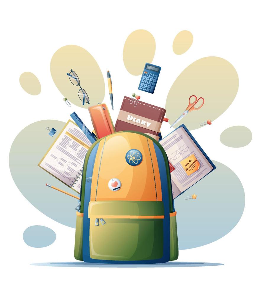 Open backpack with flying school supplies. Back to school, knowledge day, school theme.Vector school illustration isolated on white background. vector