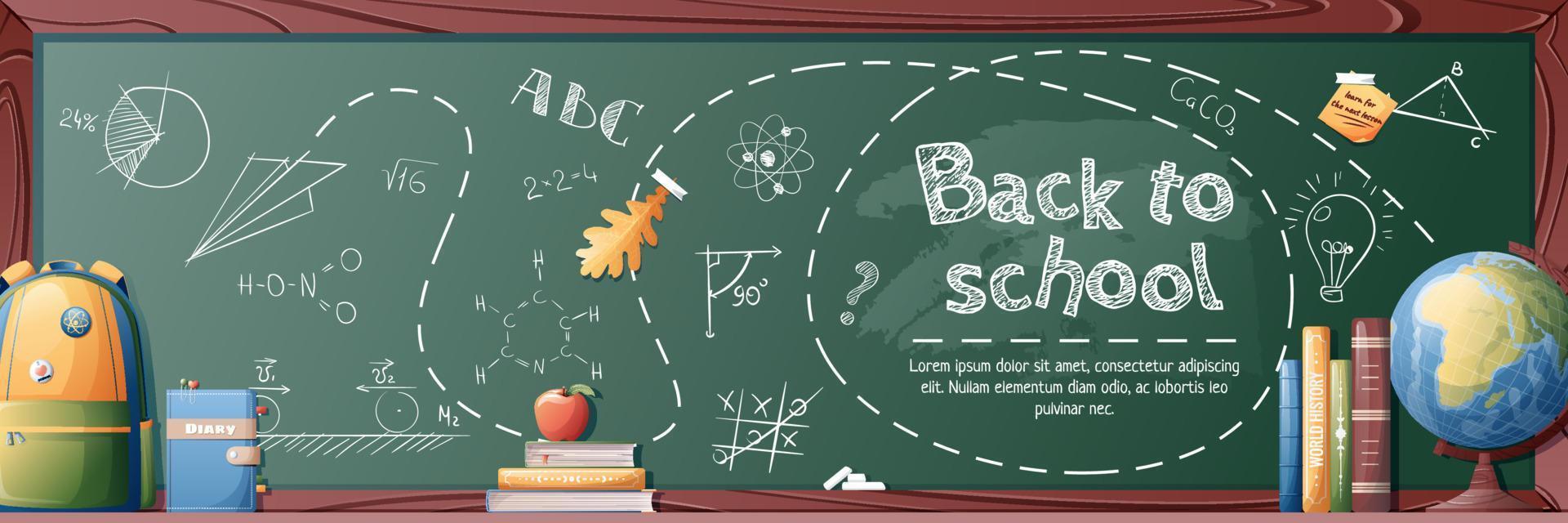 Banner template with school board, globe, briefcase and chalk lettering. Back to school, knowledge day. Banner, poster, brochure, background, etc. vector