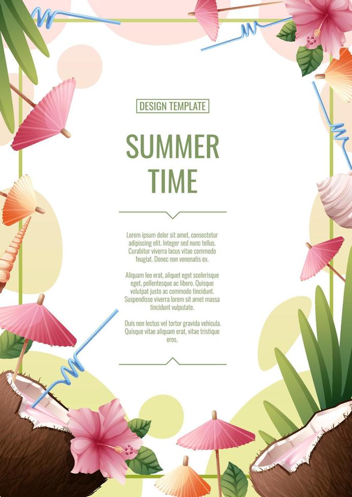 Flyer template design with coconut cocktail, flowers. Summertime, beach party, bar, refreshing drinks. Banner, flyer, poster A4 size for advertising vector