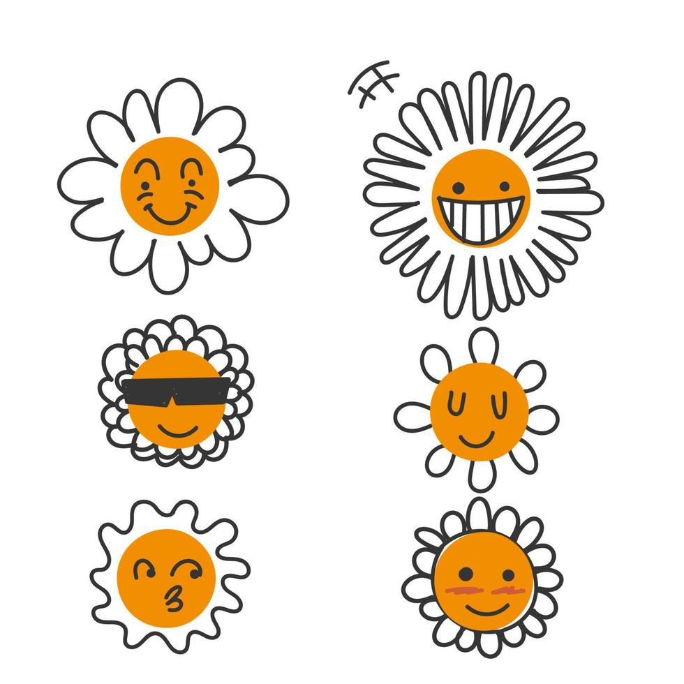 hand drawn doodle flowers with cartoon funny smiling faces illustration vector