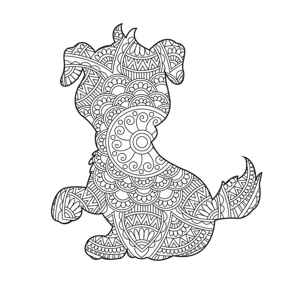 Dog Mandala Coloring Page for Adults Floral Animal Coloring Book Isolated on White Background Antistress Coloring Page Vector Illustration