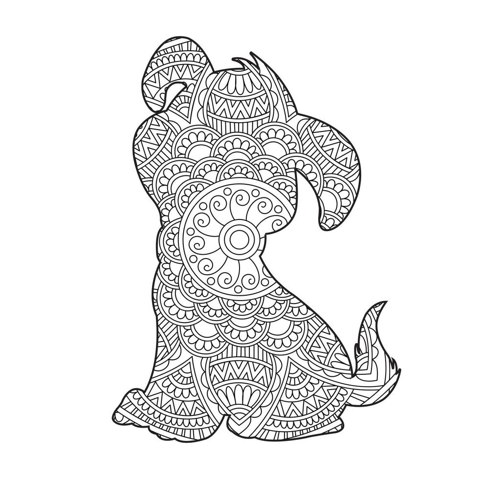 Dog Mandala Coloring Page for Adults Floral Animal Coloring Book Isolated on White Background Antistress Coloring Page Vector Illustration