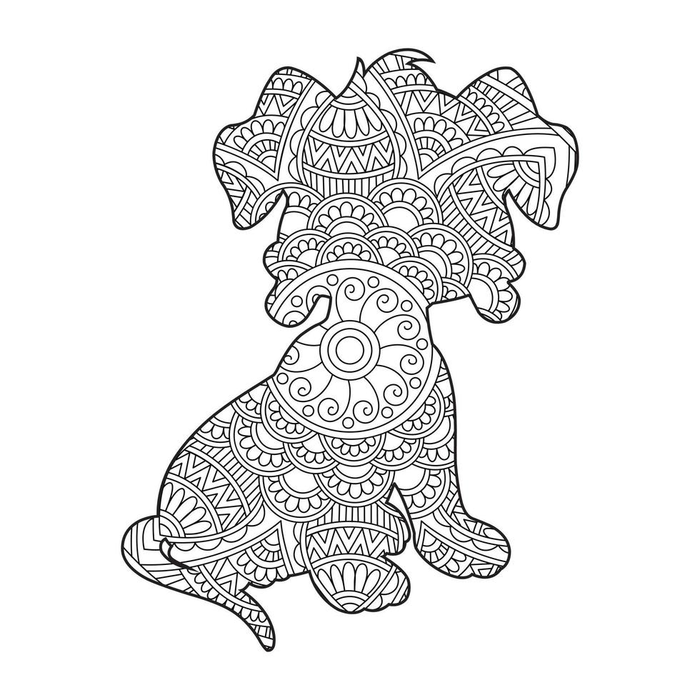 Dog Mandala Coloring Page for Adults Floral Animal Coloring Book Isolated on White Background Antistress Coloring Page Vector Illustration