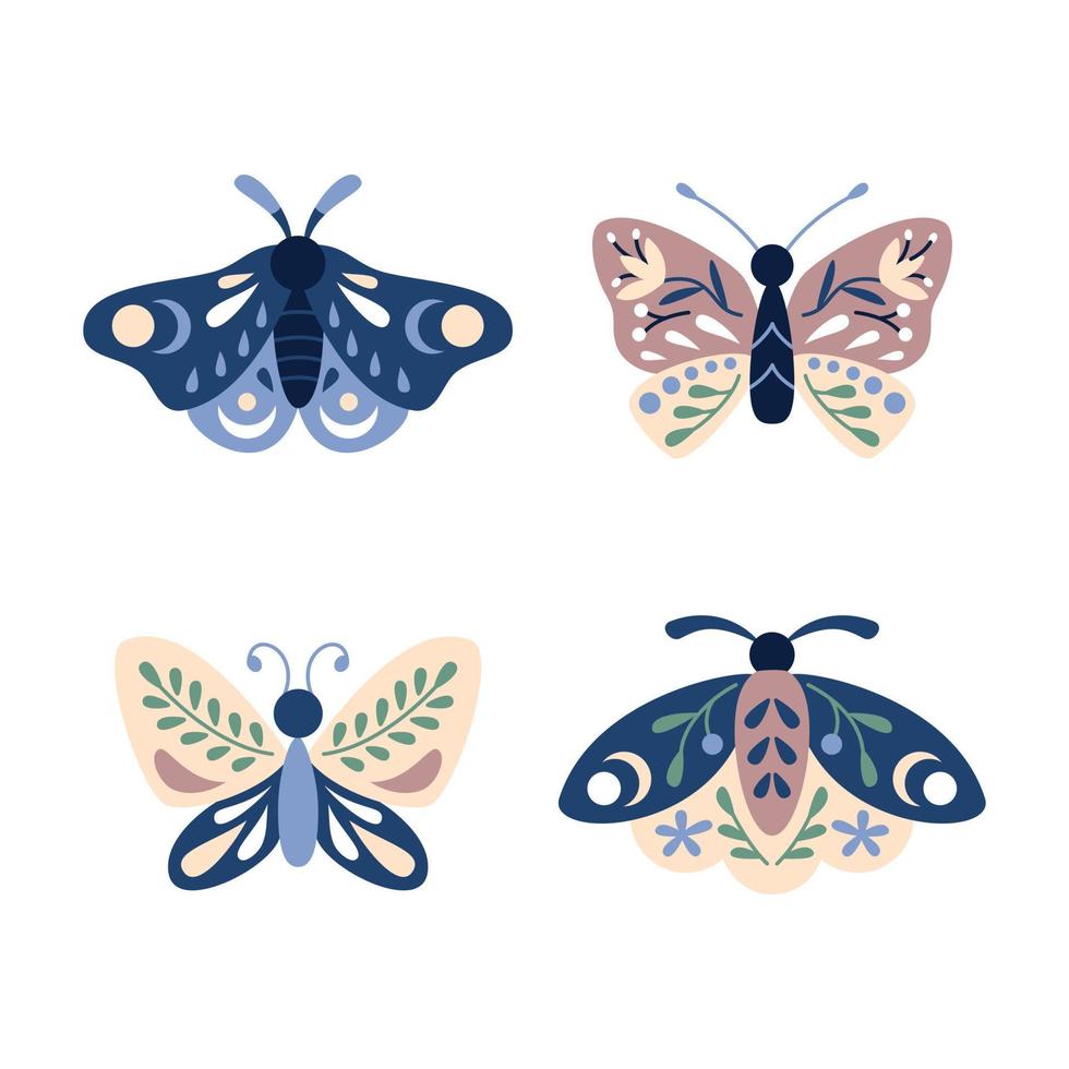 Set of moths and butterflies in colored doodle flat style vector