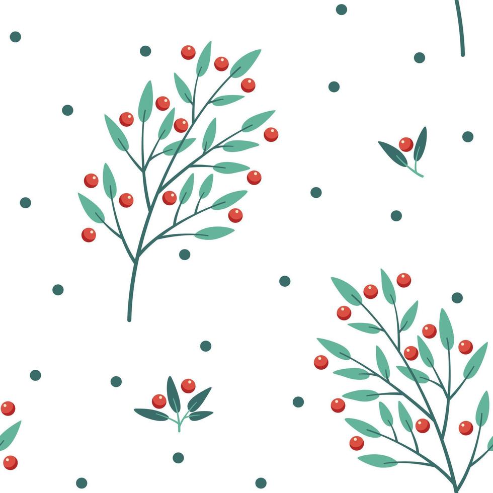 Green branches with red winter berries on a white background seamless pattern. Christmas wrapping paper. vector