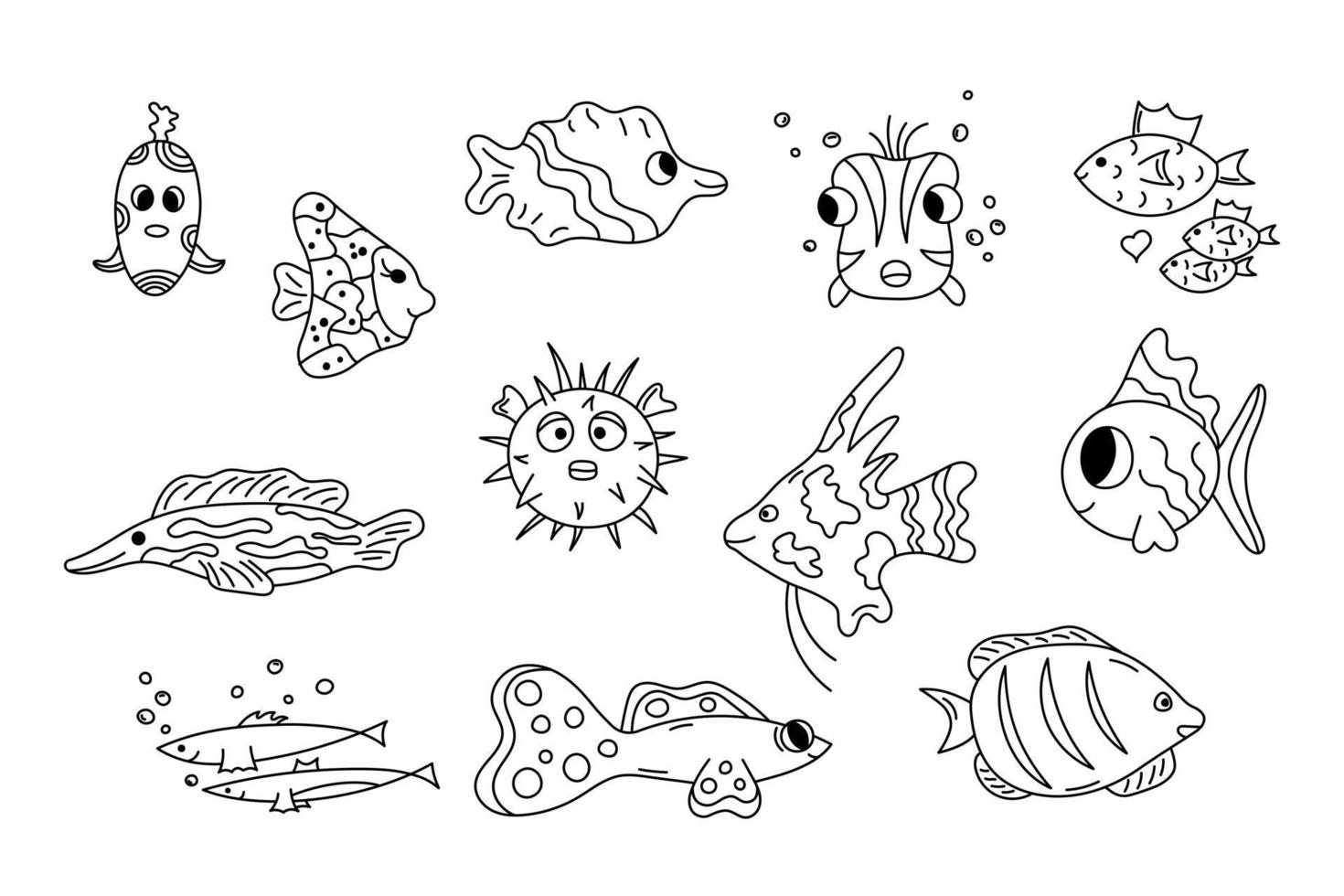 lindo juego de garabatos de peces. colección de vectores de residencias marinas de contorno de dibujos animados. vida marina salvaje en estilo dibujado a mano. garabatear ilustración en blanco y negro para niños. pez nadando aislado