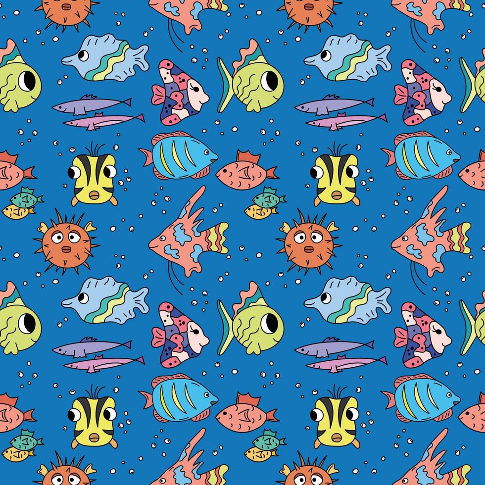 Ocean pattern. Cute marine life seamless background with fish. Colorful repeat vector illustration for kids. Sea pattern