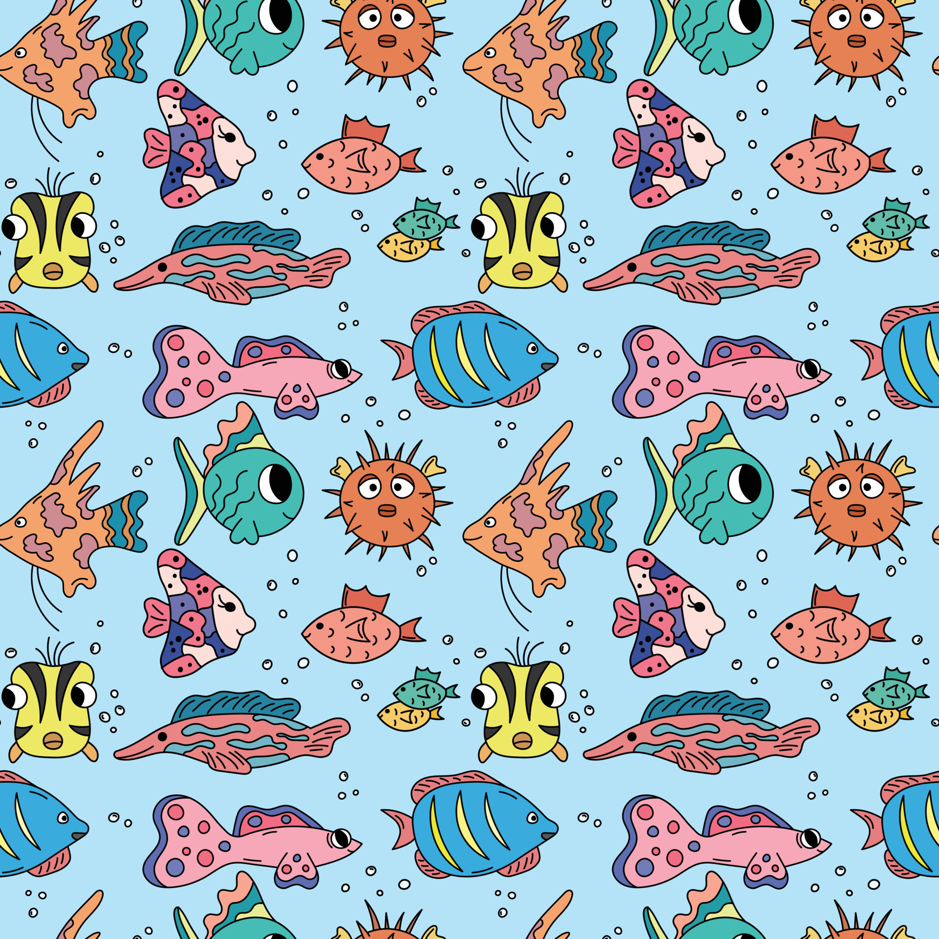 Fish pattern. Ocean life seamless background. Cute colorful fish repeat