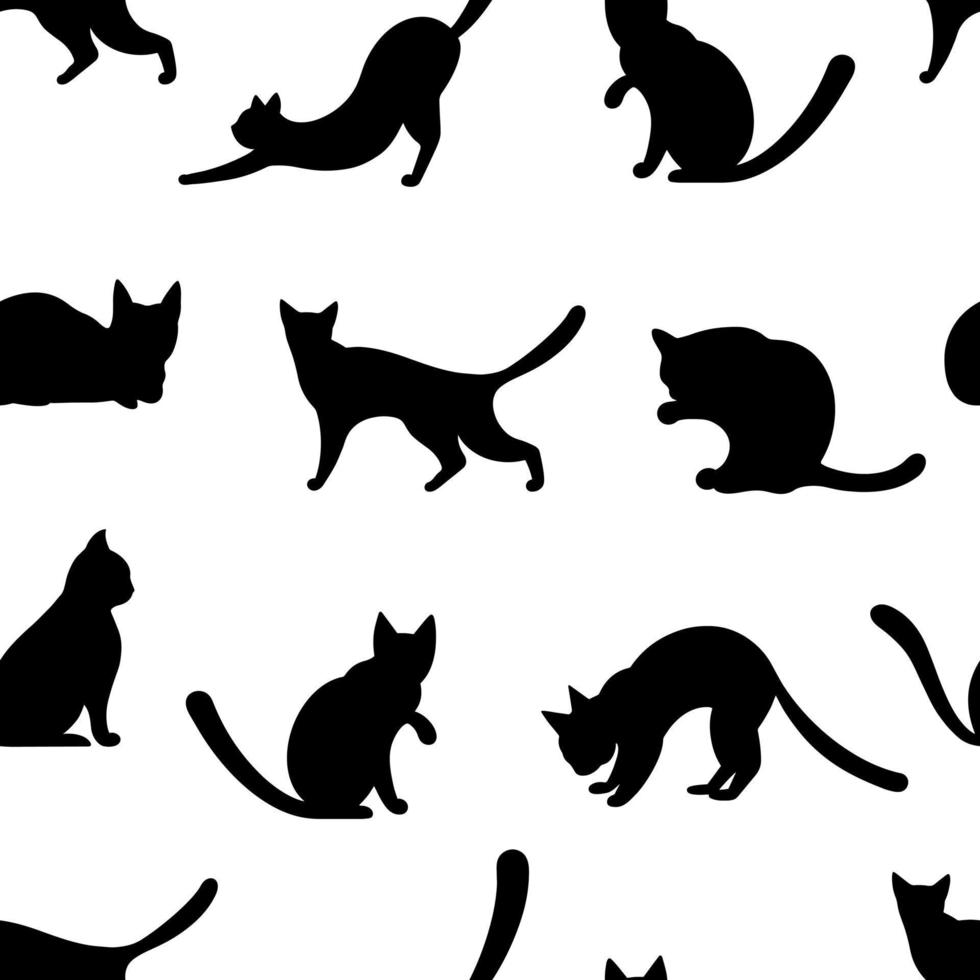 siluetas de gatos negros en varias poses patrón vectorial sin costuras. las mascotas duermen, se sientan, caminan, se lavan. lindos gatitos sobre un fondo blanco. telón de fondo monocromático simple con animales para tela, textil, estampado vector