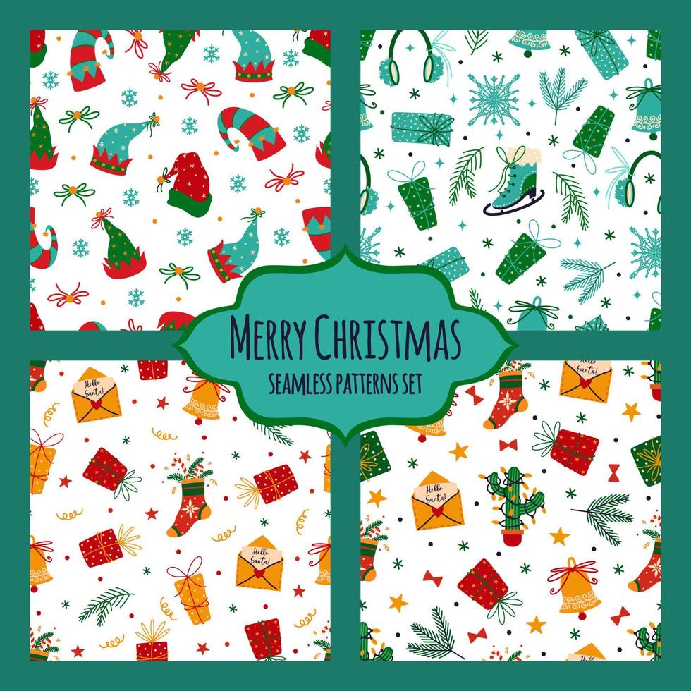 feliz navidad y feliz año nuevo conjunto de patrones de vector transparente. símbolos festivos: regalos, campanas, copos de nieve, patines de hielo, árbol festivo, sombreros de elfo de santa claus. fondo plano de dibujos animados para impresiones, tarjetas