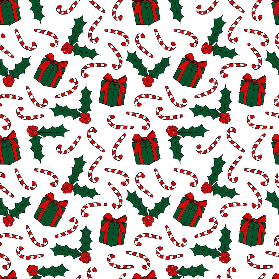 Christmas vector seamless pattern. Gift boxes, mistletoe, candy cane on white background. Colourful holiday pattern.