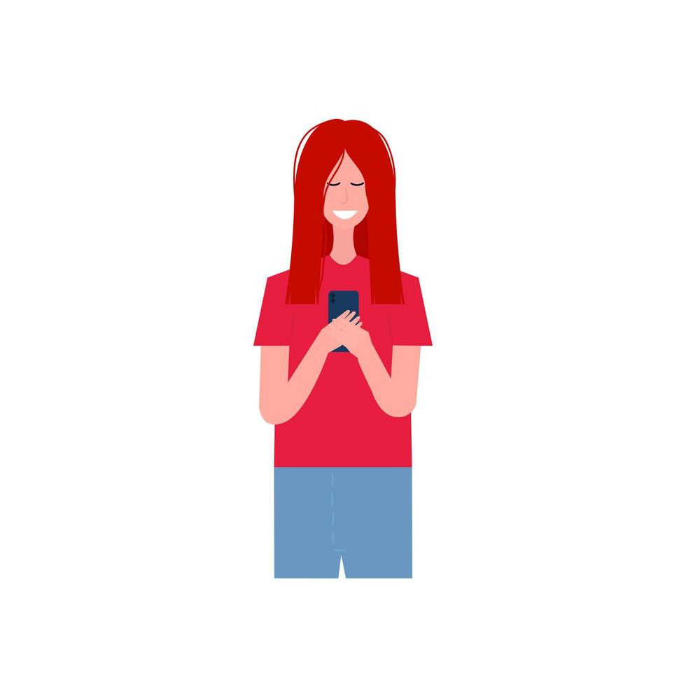 Young woman looking at phone reading message. Happy woman watching her smartphone and smiling. vector