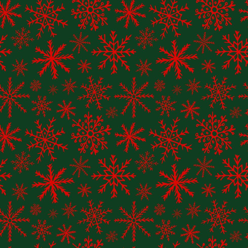 Red snowflakes on dark green background. Christmas vector pattern.