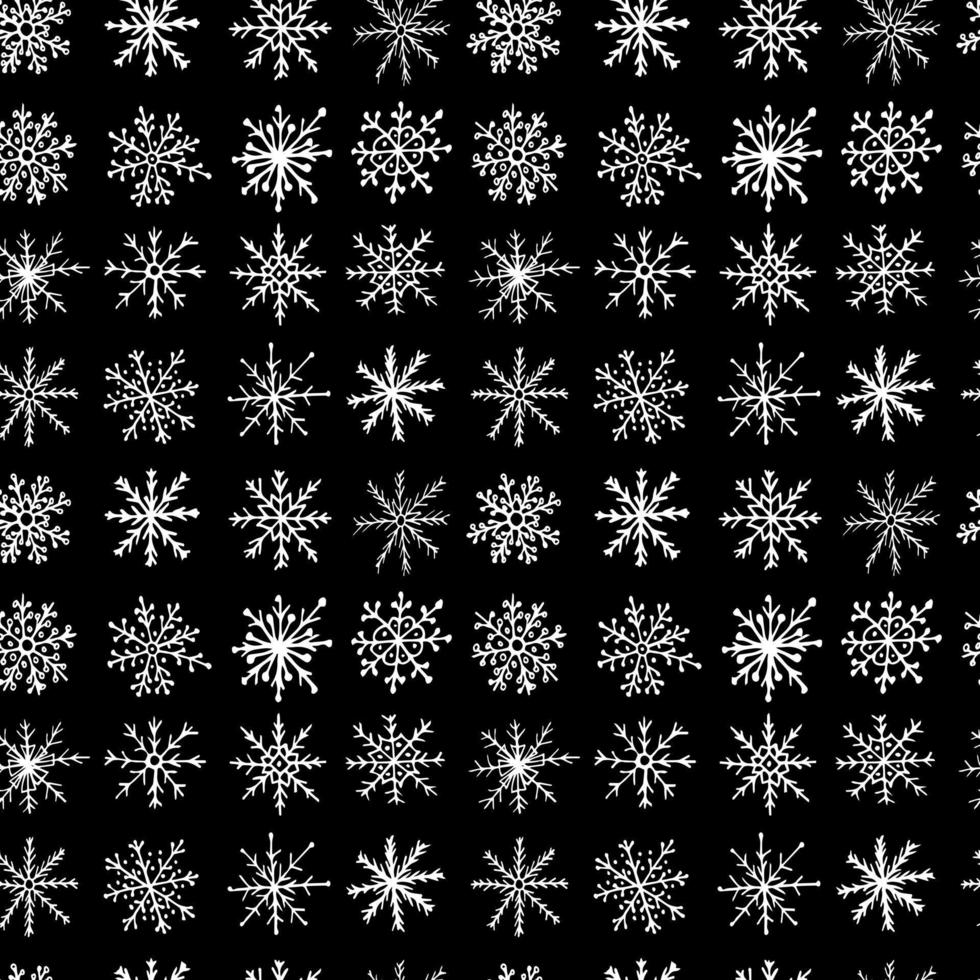 Vector snowflakes seamless pattern. Doodle snowflake isolated on black background. Christmas snoflake wrapping paper pattern.