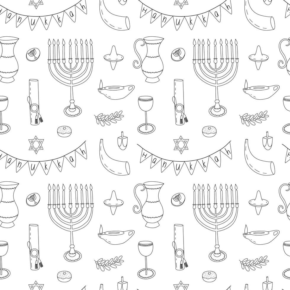 Vector Hanukkah design elements seamless pattern. Doodle traditional festival of lights pattern on white background