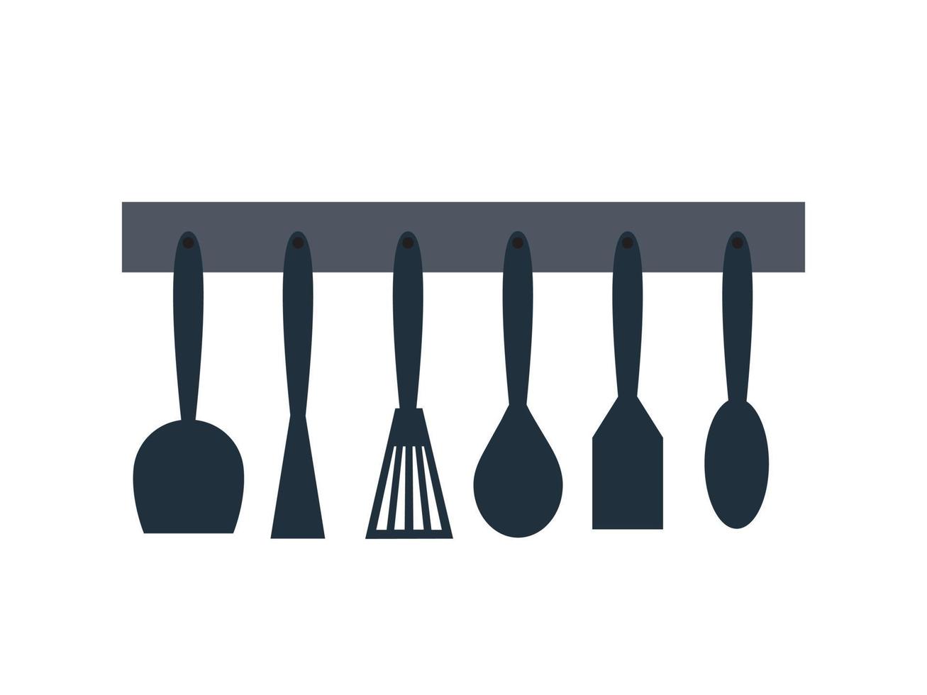 Vector flat style kitchen tools set. Hanging cooking tools set. Ladle, skimmer and cooking spatula