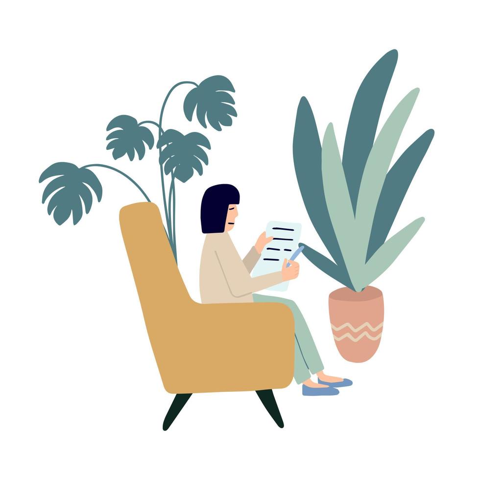 Woman sitting in armchair and making notes. Vector stock illustration
