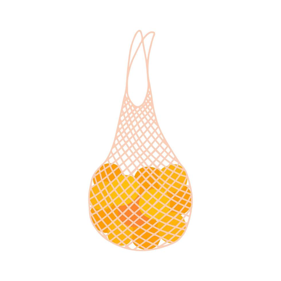 Eco mesh bag with oranges. Vector doodle shopping string eco bag with fruits.