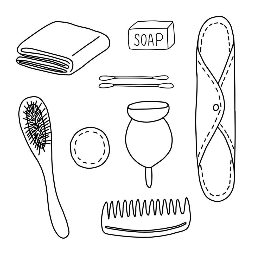 Eco friendly zero waste doodle set. Beauty and hygiene hand drawn things set. vector