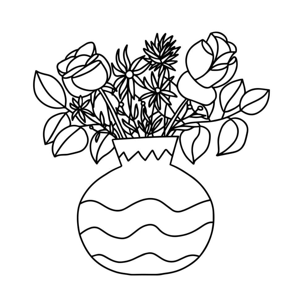 Doodle coloring page vase with flowers. Cute coloring vase with flowers
