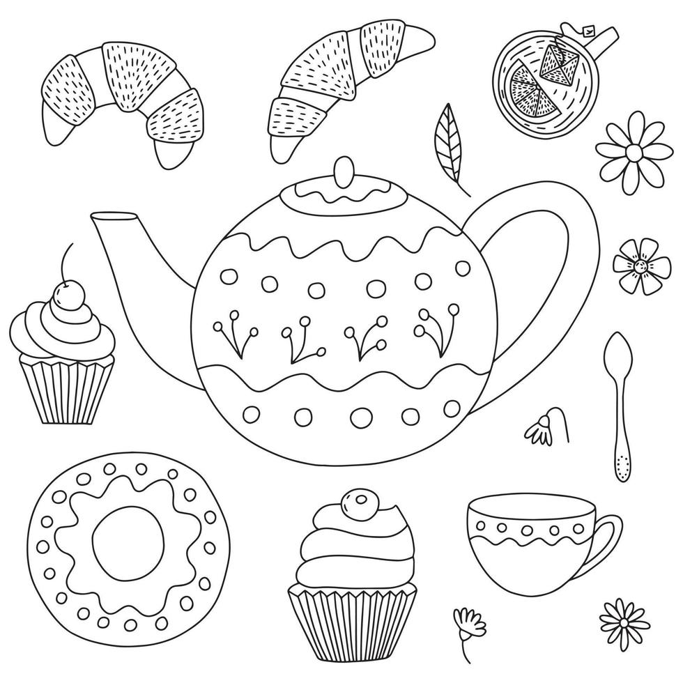 Vector doodle tea ceremony set. Hand drawn teapot and croissants for tea ceremony illustration