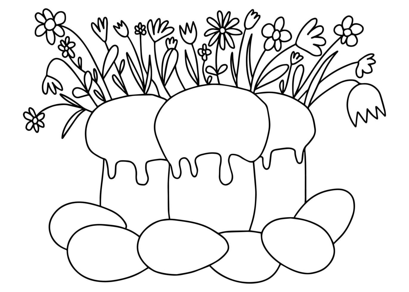 Happy Easter coloring page. Doodle coloring with Easter cakes, eggs and flowers. Holiday greeting card. vector