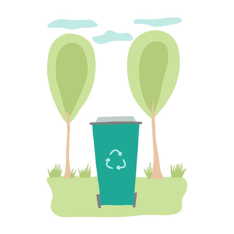 Trash can outdoors. Flat style zero waste can in nature background. vector
