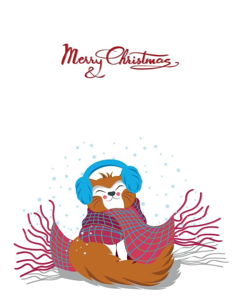 Postcard gift for christmas and new year cute happy ginger white cat warm earmuffs with scarf vector