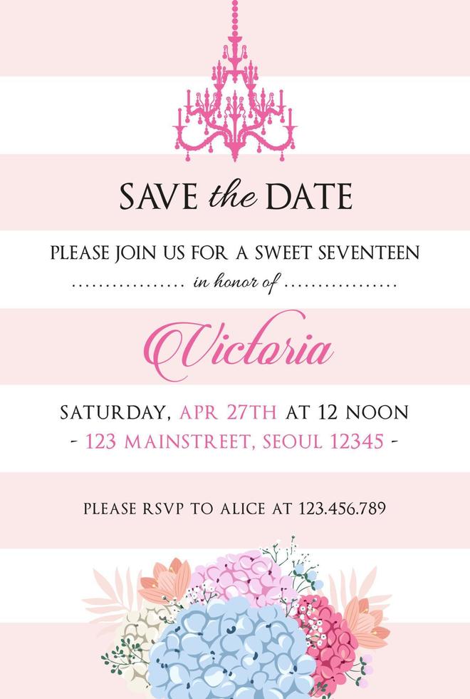 Sweet seventeen birthday invitation with flowers in pink stripe background vector