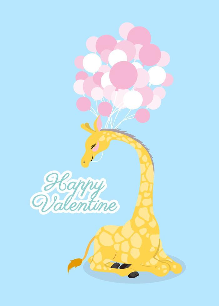 tarjeta de san valentín con linda jirafa y globos vector