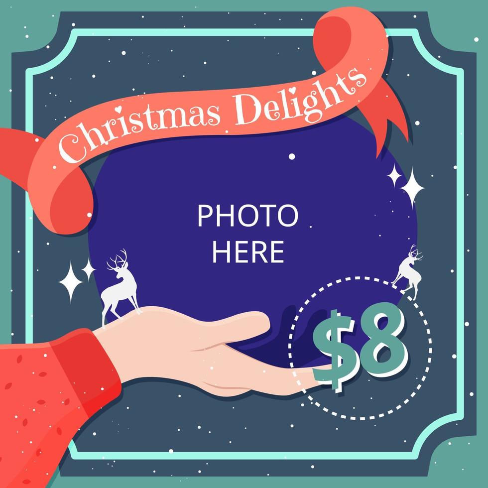 Christmas delights social media promotion poster with open palm presenting gesture vector