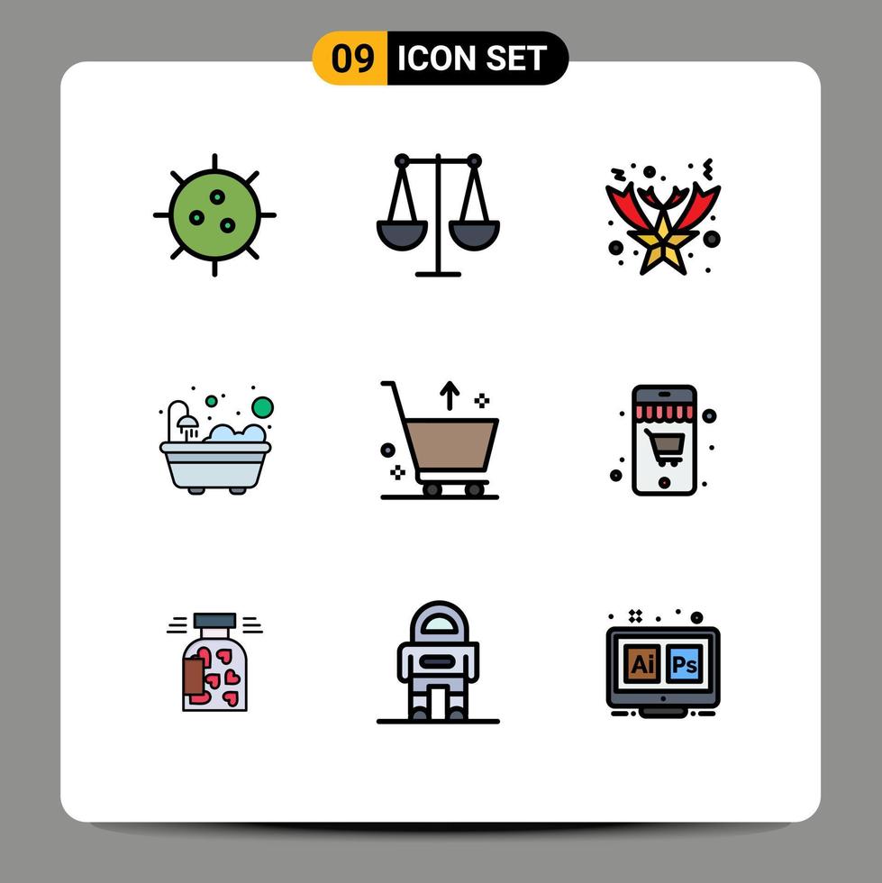Set of 9 Modern UI Icons Symbols Signs for e cart libra shower bathroom Editable Vector Design Elements