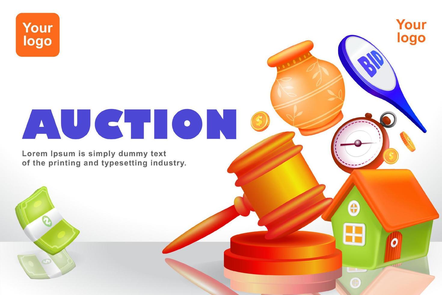 Auction. 3d illustration of judge gavel, house, antique jar, bidding board and money vector