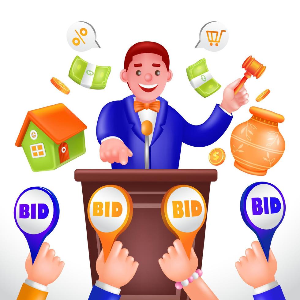 Auction, 3d illustration of an auctioneer speaking into a microphone and selecting a buyer's bid vector