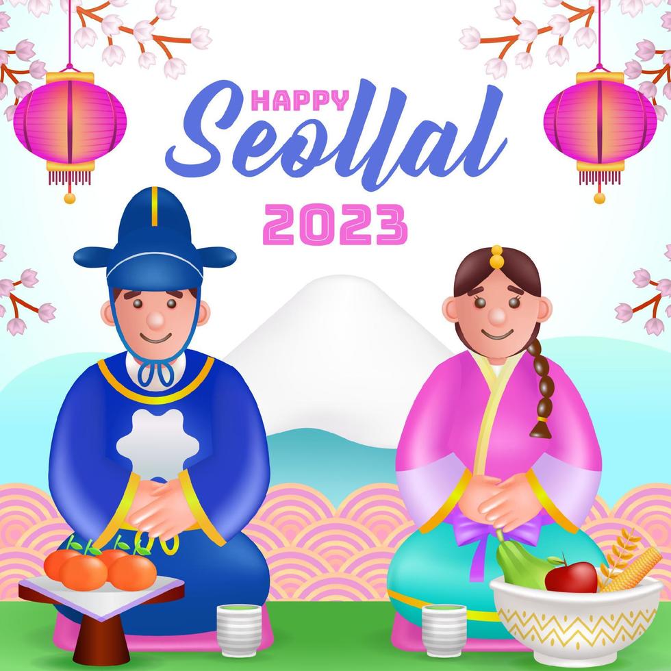 feliz seollal 2023, ilustración 3d de lindo hombre y mujer coreanos con adorno de flor de cerezo y fondo de montañas vector