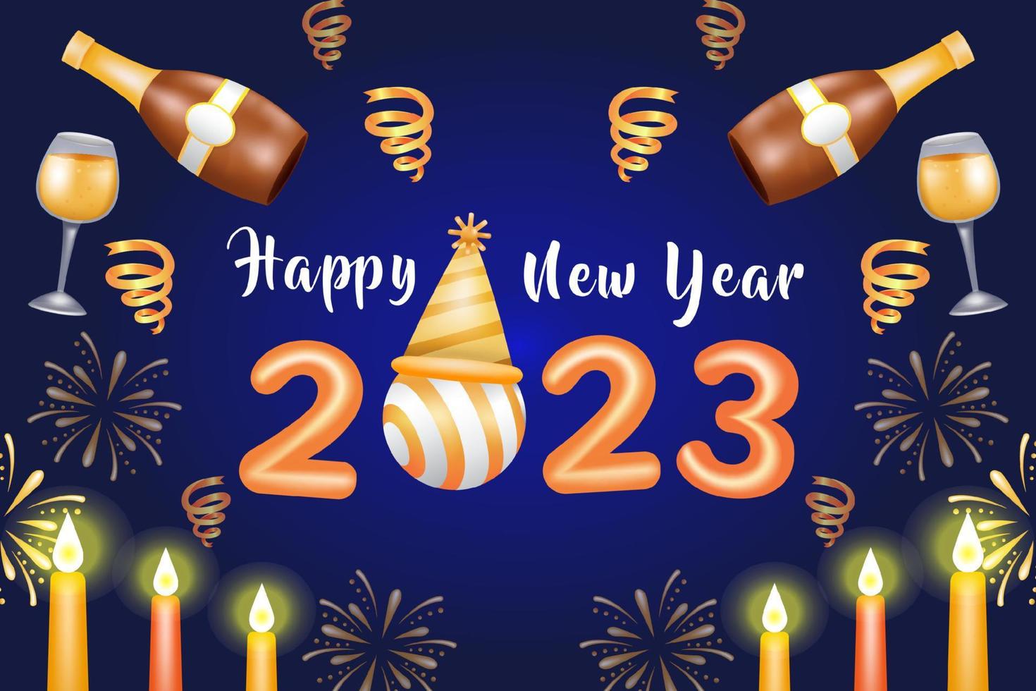 Happy New Year 2023. 3d illustration of ornament of wine bottles, glasses and candles vector