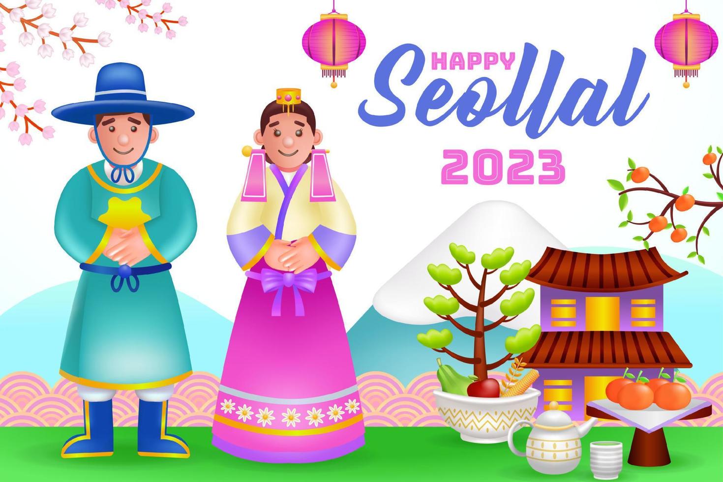 feliz seollal 2023, ilustración 3d de lindo hombre y mujer coreanos con adorno de naranjo y fondo de montañas vector