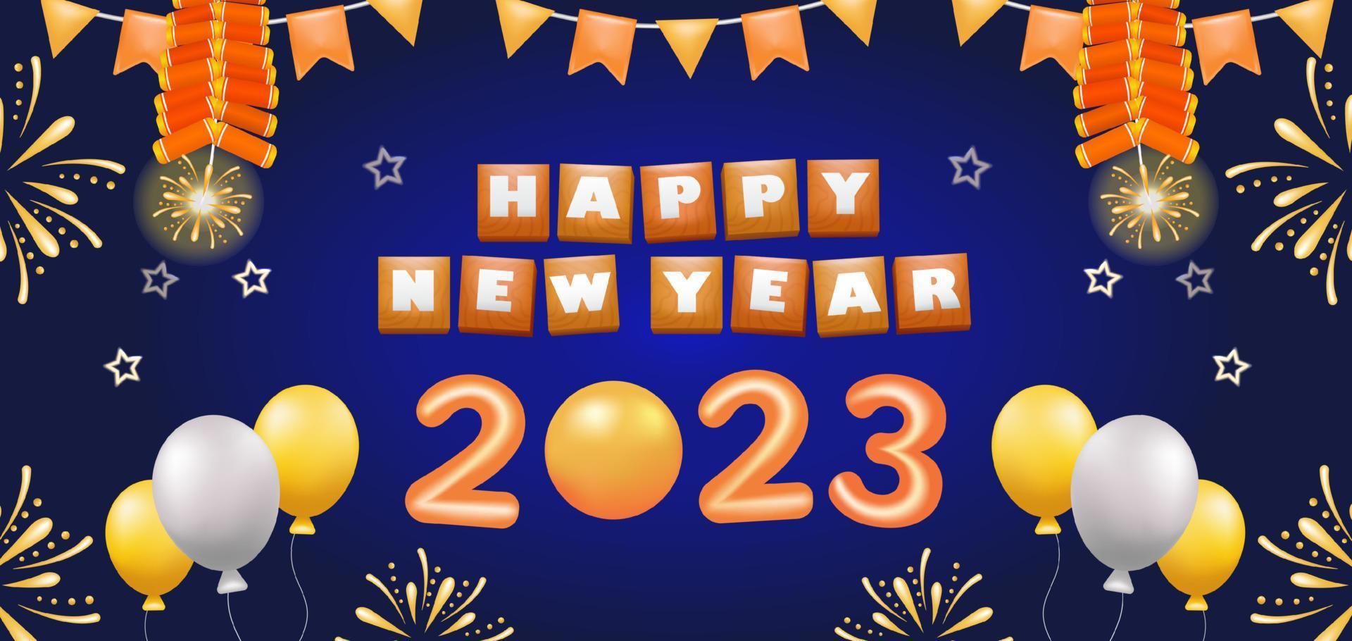 Happy New Year 2023, 3d illustration of balloon ornament, firecrackers and fireworks vector