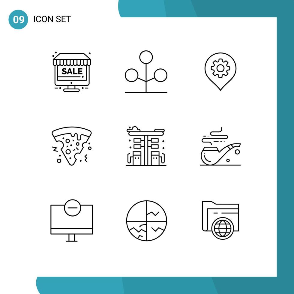paquete de 9 signos y símbolos de contornos modernos para medios de impresión web, como combustible ciudad equipo pizza comida rápida elementos de diseño de vectores editables