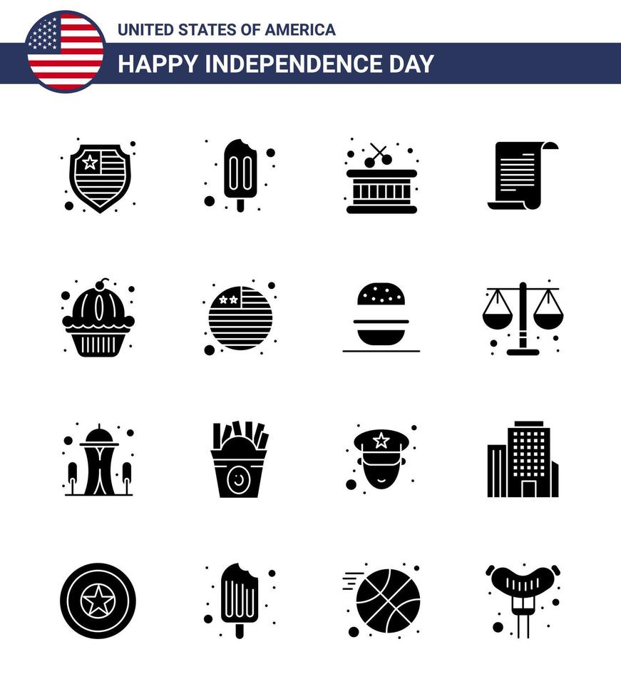 Pack of 16 creative USA Independence Day related Solid Glyphs of country states sticks muffin usa Editable USA Day Vector Design Elements