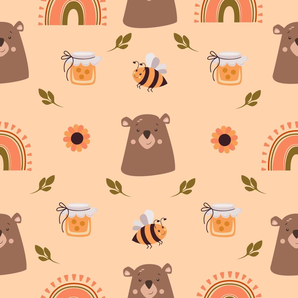 Seamless childish pattern with cute bear and bees. vector