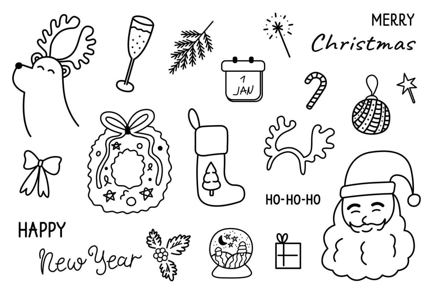 Christmas elements doodle set. Reindeer, Santa Claus, glass ball, champagne, decorations and other elements new year collection isolated on white background. Cute hand drawn vector illustration.