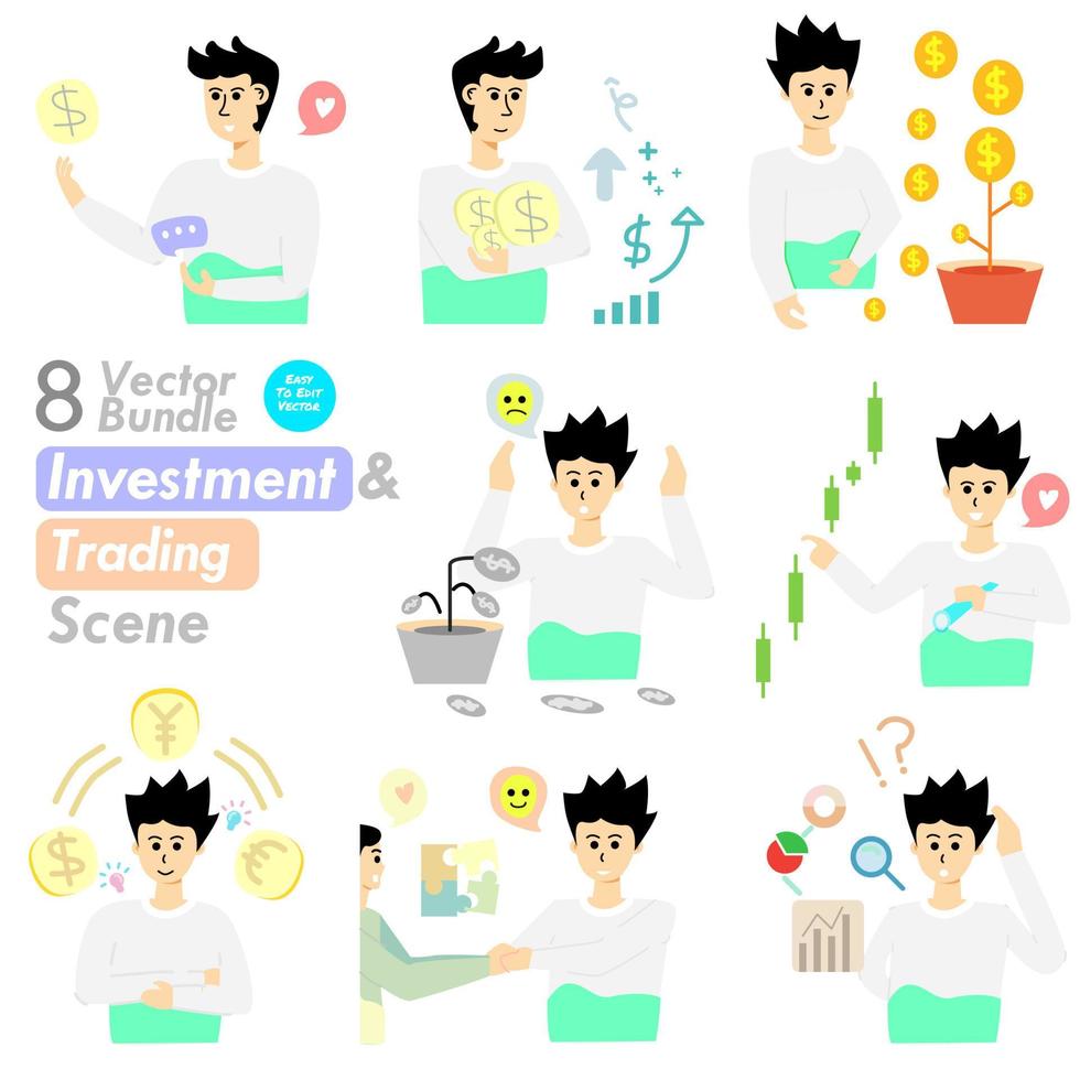 Stock trading, stakeholder, investment, analysis, trader strategy concept illustration.  Collection of scenes with a young man trading in the stock market, loss or gain vector