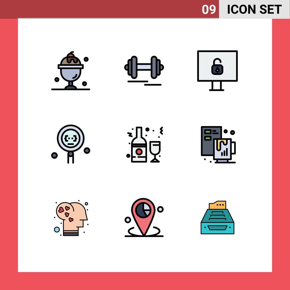 Mobile Interface Filledline Flat Color Set of 9 Pictograms of drink search computer programming develop Editable Vector Design Elements