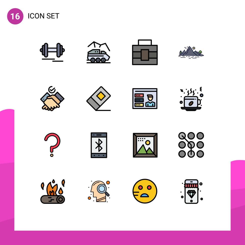 Pack of 16 creative Flat Color Filled Lines of job mountain transport landscape nature Editable Creative Vector Design Elements