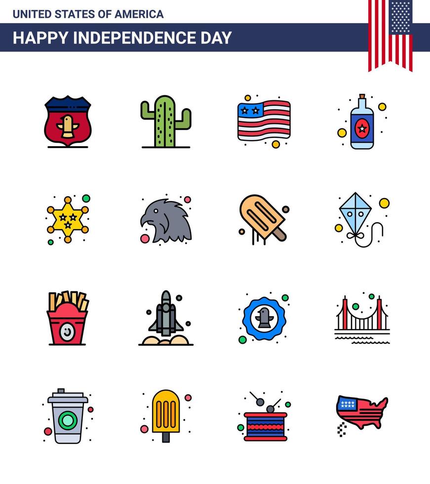 feliz día de la independencia 16 líneas planas rellenas paquete de iconos para web e impresión estrella militar país insignia botella editable usa día elementos de diseño vectorial vector