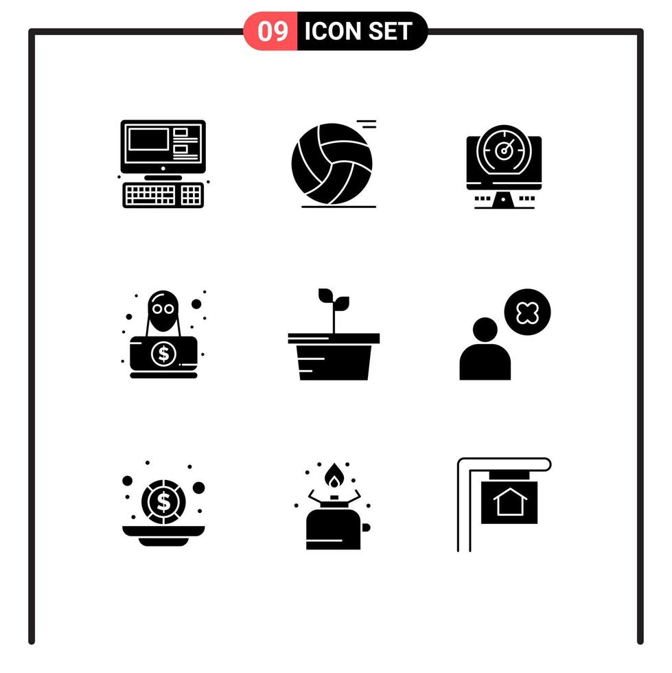 Mobile Interface Solid Glyph Set of 9 Pictograms of plant robbery compass spy detective Editable Vector Design Elements