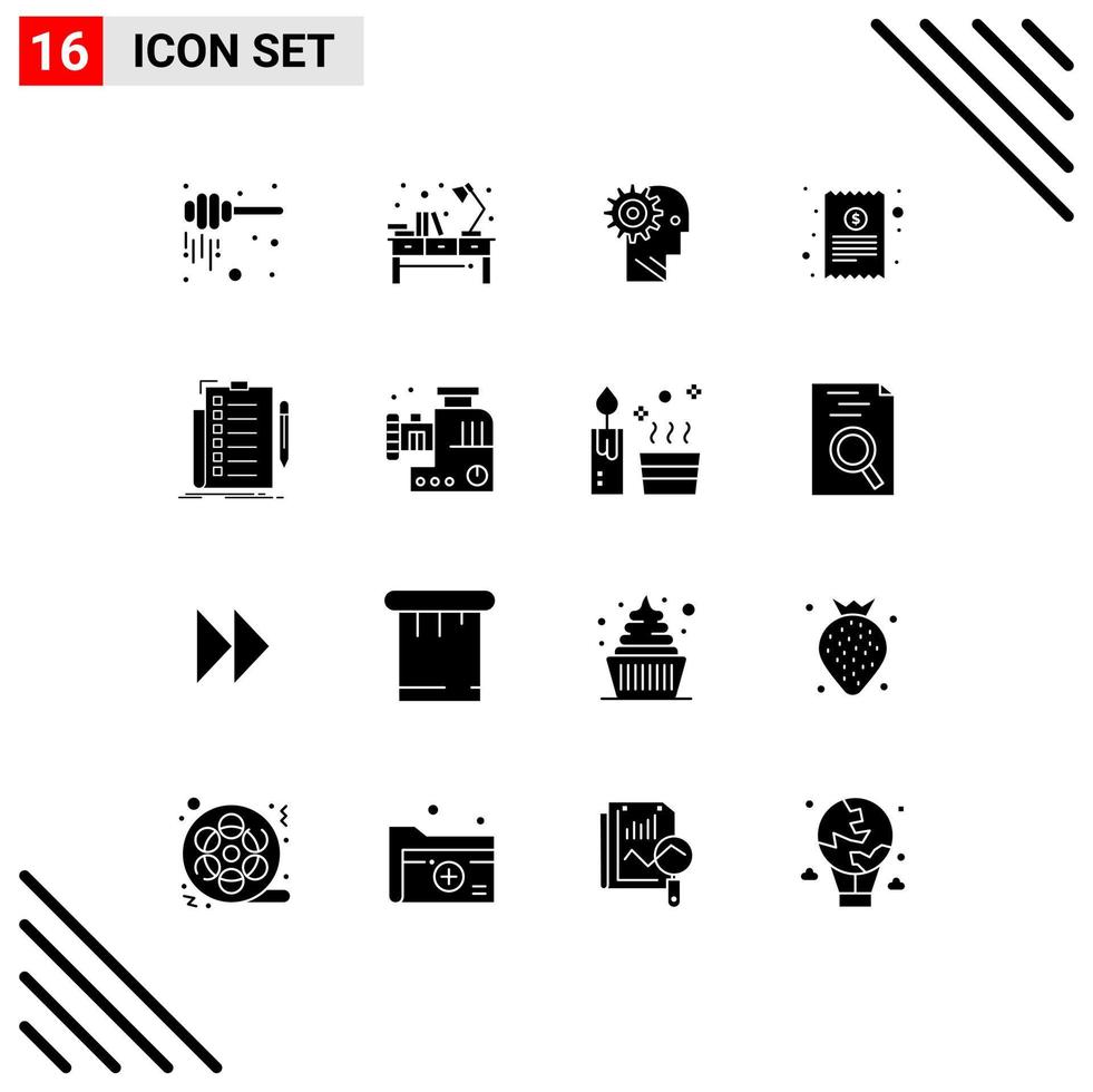 Pack of 16 Modern Solid Glyphs Signs and Symbols for Web Print Media such as cash receipt working workplace personal man Editable Vector Design Elements