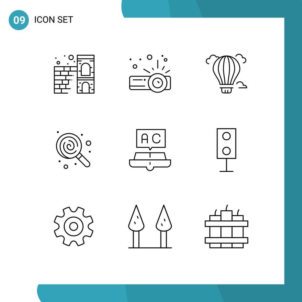 conjunto de pictogramas de 9 esquemas simples de elementos de diseño de vectores editables de comida de dulces de aire de libro de aprendizaje