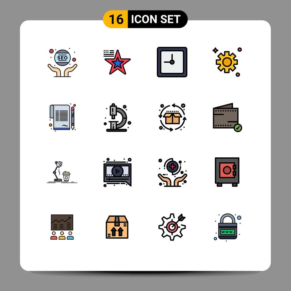 conjunto moderno de 16 líneas y símbolos rellenos de colores planos, como el contrato de signos, engranajes de engranajes de EE. UU., Elementos de diseño de vectores creativos editables